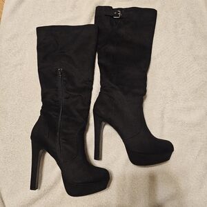 Black Faux Suede Heeled Boots Women Platform Knee Hi‎ Goth 10